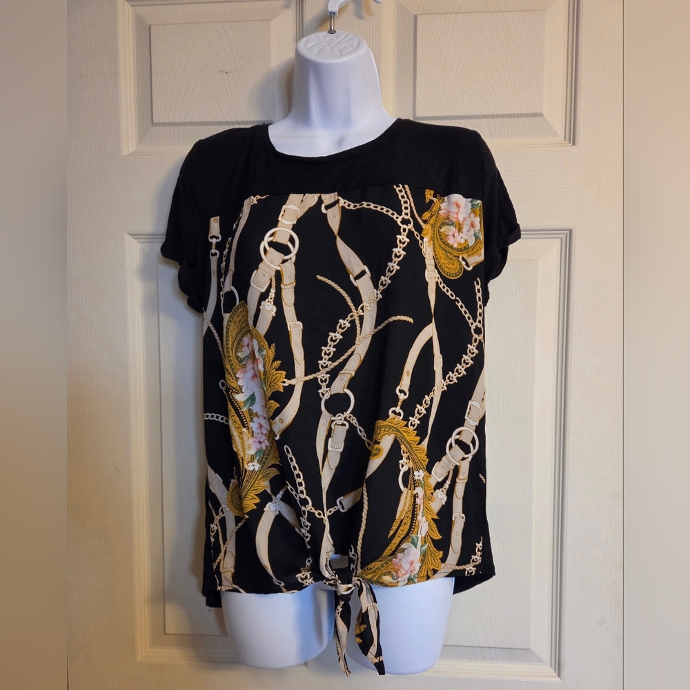 Soho Jeans Black and Gold Chain Print Top XS